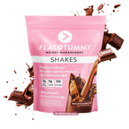 Pink packaging of Flat Tummy Shakes for weight management with chocolate pieces around it. Contains information about sugar and calorie content, and claims on weight loss benefits. Product is flavored as Natural Chocolate.