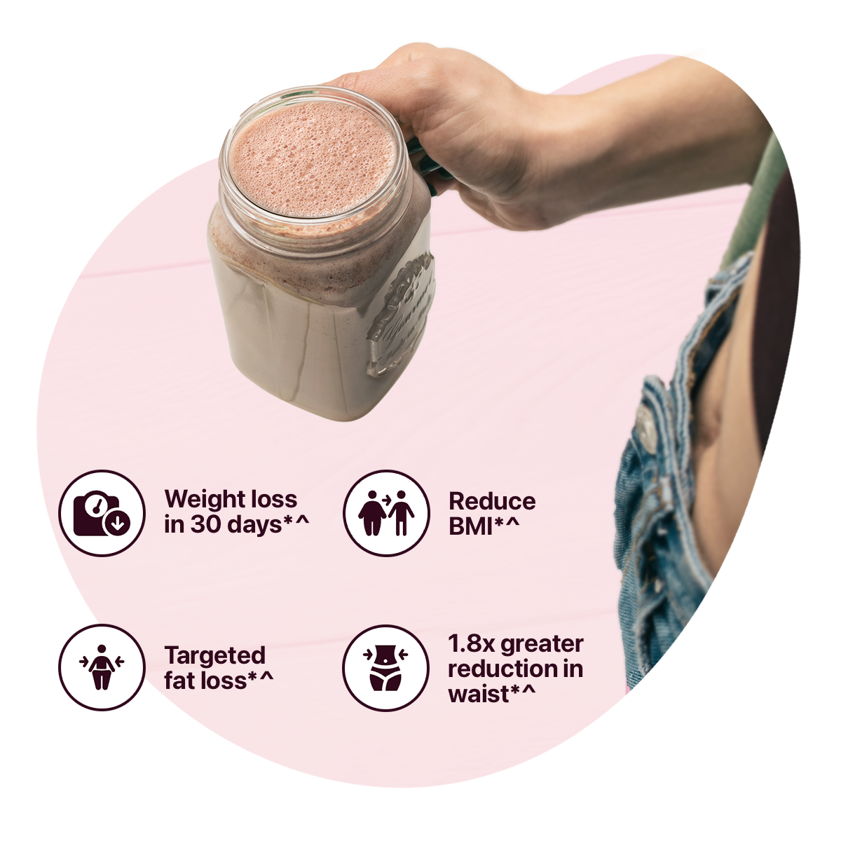 A person holding a jar of smoothie against a pink background. Text bubbles highlight benefits: "Weight loss in 30 days," "Reduce BMI," "Targeted fat loss," and "1.8x greater reduction in waist.