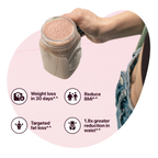 A person holding a jar of smoothie against a pink background. Text bubbles highlight benefits: "Weight loss in 30 days," "Reduce BMI," "Targeted fat loss," and "1.8x greater reduction in waist.