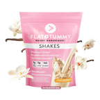 A bag of Flat Tummy Shakes in pink packaging showcases weight management benefits with its natural vanilla flavor, adorned with images of vanilla flowers and pods. The packaging emphasizes claims of weight loss, contains 0g sugar, and has 140 calories per serving.