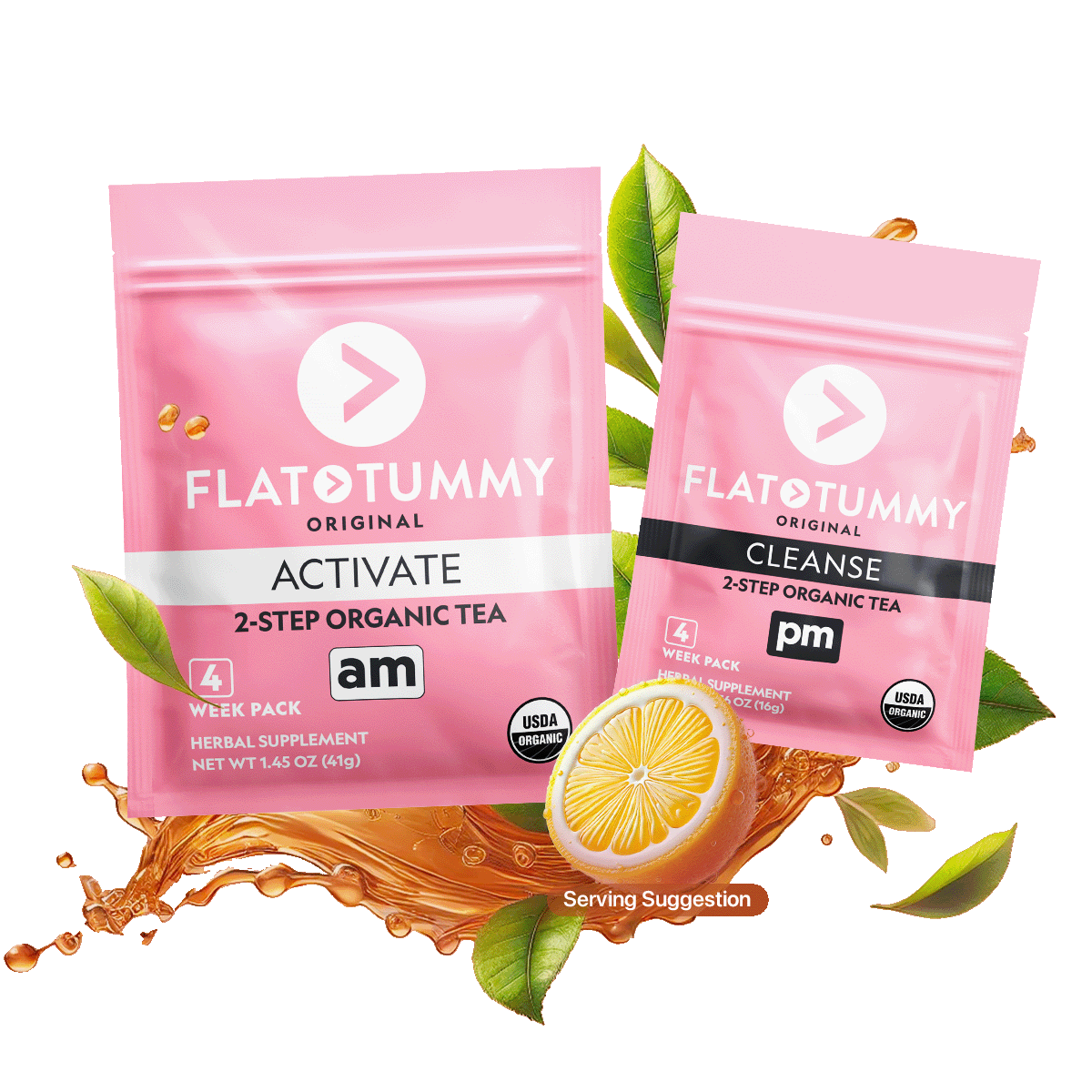 Two pink packets of Flat Tummy Tea from Flat Tummy Co. The larger packet, labeled "ACTIVATE, am," and the smaller packet, labeled "CLEANSE, pm," offer a 4-week supply of herbal supplements. Both are USDA Organic certified and are designed to detoxify the body, reduce bloating, and support metabolism.