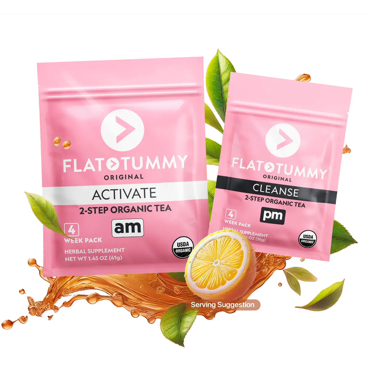 Two pink packets of Flat Tummy Tea from Flat Tummy Co. The larger packet, labeled "ACTIVATE, am," and the smaller packet, labeled "CLEANSE, pm," offer a 4-week supply of herbal supplements. Both are USDA Organic certified and are designed to detoxify the body, reduce bloating, and support metabolism.