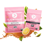 Two pink packets of Flat Tummy Tea from Flat Tummy Co. The larger packet, labeled "ACTIVATE, am," and the smaller packet, labeled "CLEANSE, pm," offer a 4-week supply of herbal supplements. Both are USDA Organic certified and are designed to detoxify the body, reduce bloating, and support metabolism.