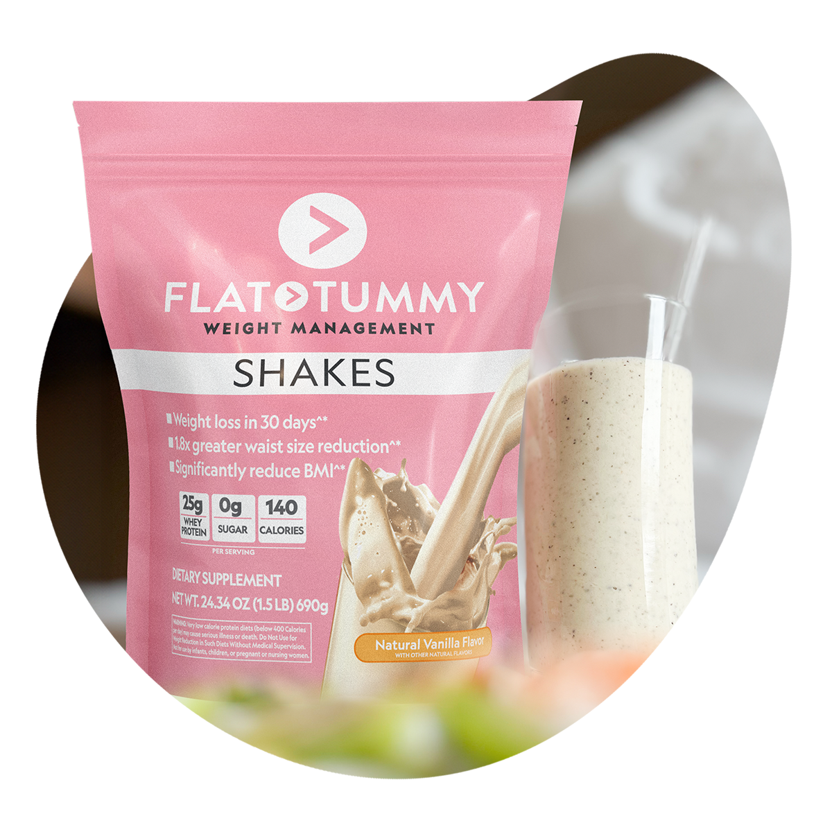 A packet labeled "Flat Tummy Shakes" in a vanilla color is displayed. Beside it, there's a glass of the shake, set against a backdrop of blurred greenery. The packet emphasizes benefits such as weight loss and low sugar content.