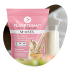 A packet labeled "Flat Tummy Shakes" in a vanilla color is displayed. Beside it, there's a glass of the shake, set against a backdrop of blurred greenery. The packet emphasizes benefits such as weight loss and low sugar content.