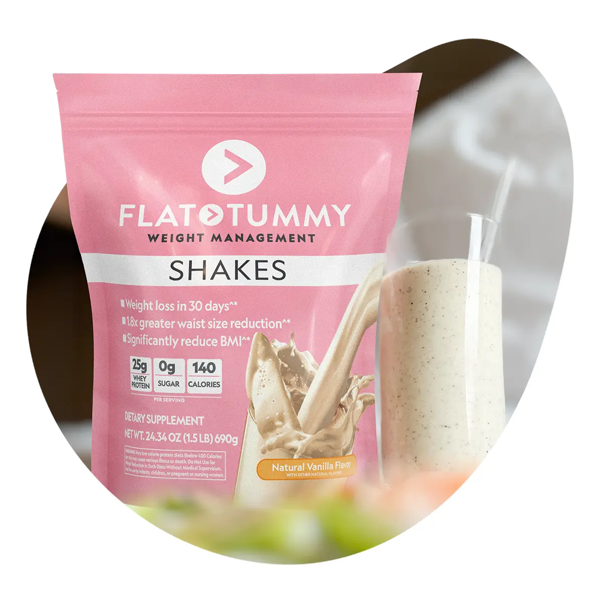 A packet labeled "Flat Tummy Shakes" in a vanilla color is displayed. Beside it, there's a glass of the shake, set against a backdrop of blurred greenery. The packet emphasizes benefits such as weight loss and low sugar content.