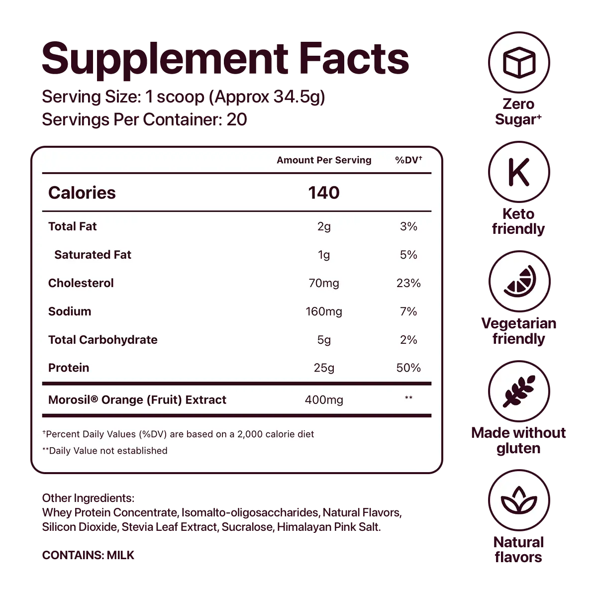 Nutritional label for a Vanilla Flat Tummy Shakes, showing 140 calories per serving. Includes details on fat, cholesterol, sodium, carbohydrates, and protein. Features icons for “Zero Sugar,” “Keto Friendly,” “Vegetarian Friendly,” “Made without Gluten,” and “Natural Flavors.”.