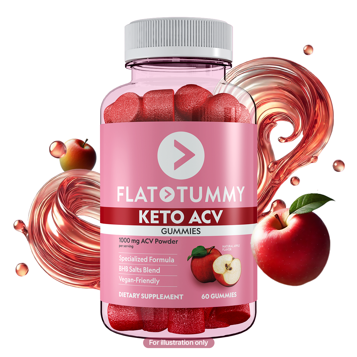 A bottle of Flat Tummy Co's Keto Apple Cider Vinegar Gummies, featuring red gummies inside. The label emphasizes key attributes such as ACV powder, a BHB salts blend, and being vegan-friendly. Surrounding the bottle are illustrations depicting apples and swirling liquid.