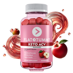 A bottle of Flat Tummy Co's Keto Apple Cider Vinegar Gummies, featuring red gummies inside. The label emphasizes key attributes such as ACV powder, a BHB salts blend, and being vegan-friendly. Surrounding the bottle are illustrations depicting apples and swirling liquid.