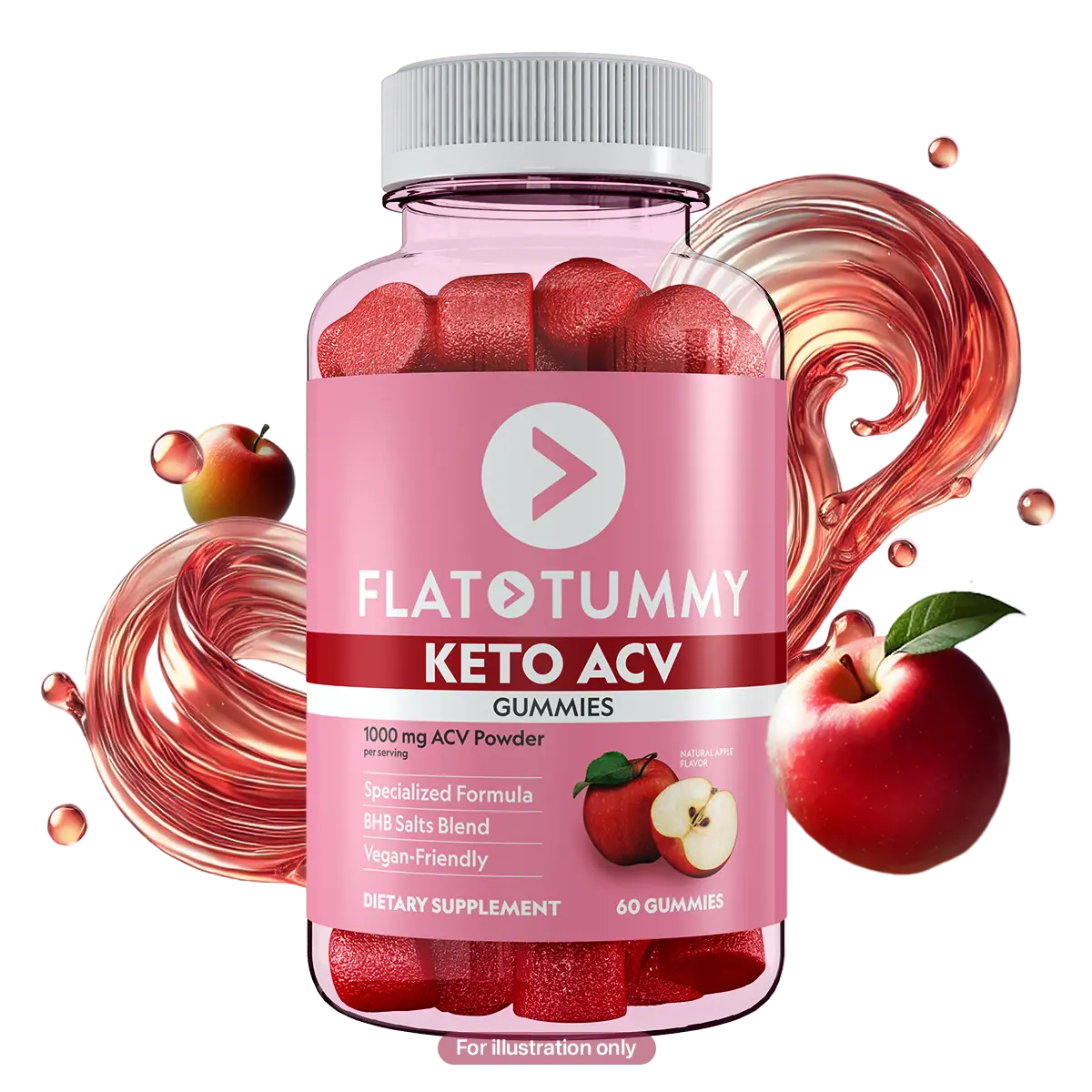 A bottle of Flat Tummy Co's Keto Apple Cider Vinegar Gummies, featuring red gummies inside. The label emphasizes key attributes such as ACV powder, a BHB salts blend, and being vegan-friendly. Surrounding the bottle are illustrations depicting apples and swirling liquid.