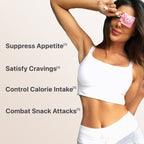 A woman in a white athletic top and gray pants holds a small pink square near her eye. Next to her, text reads: "Suppress Appetite, Satiereal Satisfy Cravings, Control Calorie Intake, Combat Snack Attacks" featuring Flat Tummy Lollipops by Flat Tummy Co.