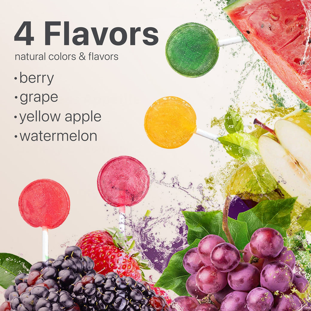 An image showcasing four Flat Tummy Lollipops from Flat Tummy Co, each in a different color and representing a unique flavor: berry (red), grape (purple), yellow apple (yellow), and watermelon (green). Surrounding the lollipops are illustrations depicting the corresponding fruits—berries, grapes, apples, and a watermelon slice. Text on the image highlights these natural colors and flavors, designed to help.