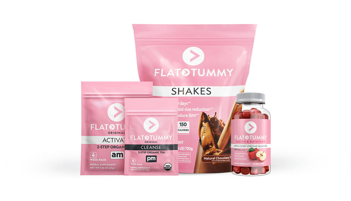 Flat Tummy Triple Threat Bundle containing Shakes, Activate & Cleanse Tea, and Apple Cider Vinegar Gummies